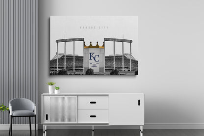 Kauffman Stadyumu Posteri – Siyah Beyaz Kansas City Royals Beyzbol Duvar Sanatı (A4/A3)
