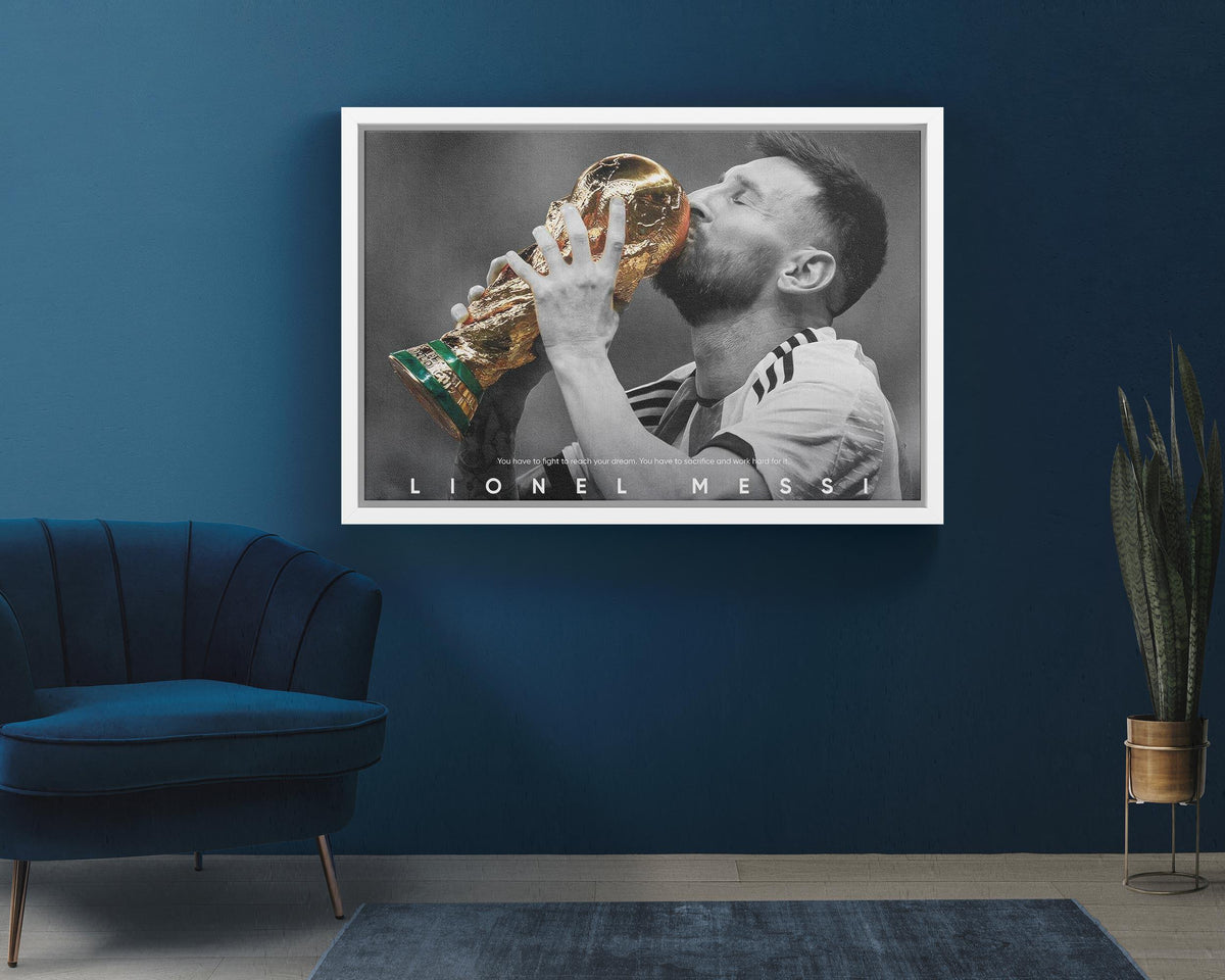 Lionel Messi Dünya Kupası Posteri – Siyah Beyaz Arjantin Şampiyon Duvar Sanatı (A4/A3)