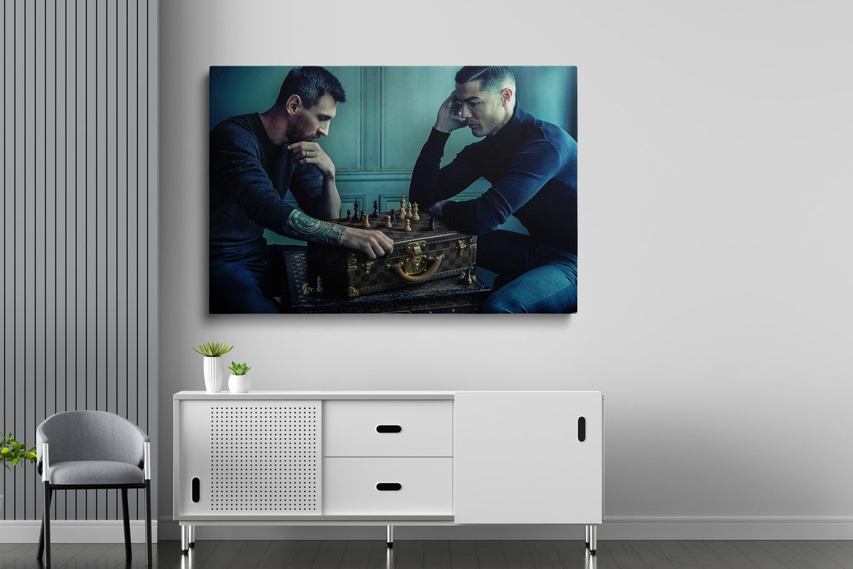 Cristiano Ronaldo vs Lionel Messi Chess Canvas Print, Black and White
