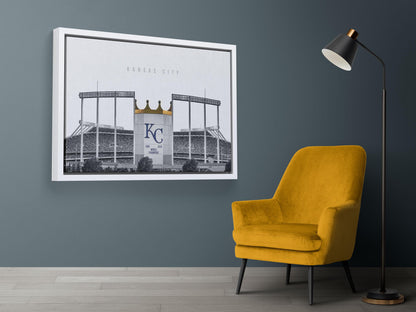 Kauffman Stadyumu Posteri – Siyah Beyaz Kansas City Royals Beyzbol Duvar Sanatı (A4/A3)