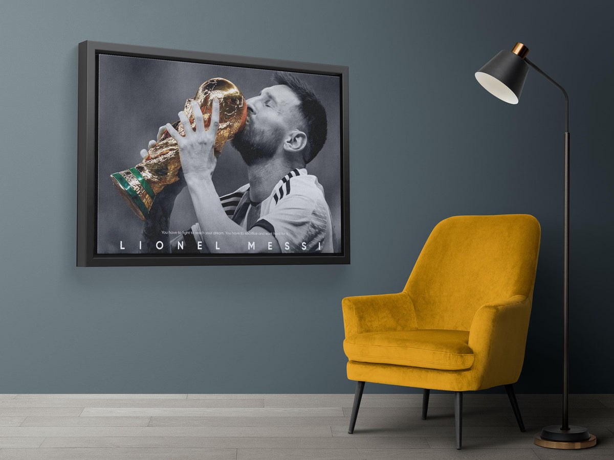 Lionel Messi Dünya Kupası Posteri – Siyah Beyaz Arjantin Şampiyon Duvar Sanatı (A4/A3)
