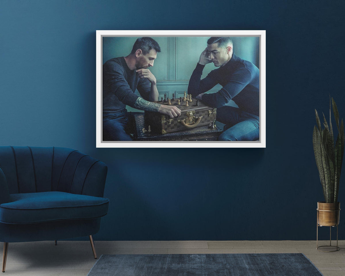 Cristiano Ronaldo vs Lionel Messi Chess Canvas Print, Black and White