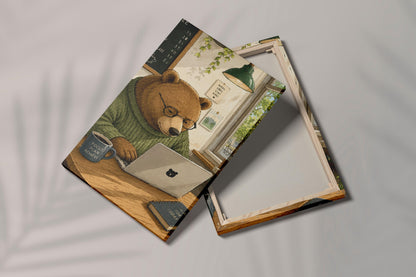 Bear Working on Laptop Canvas Art Print, Coffee Shop Scene Wall Decor