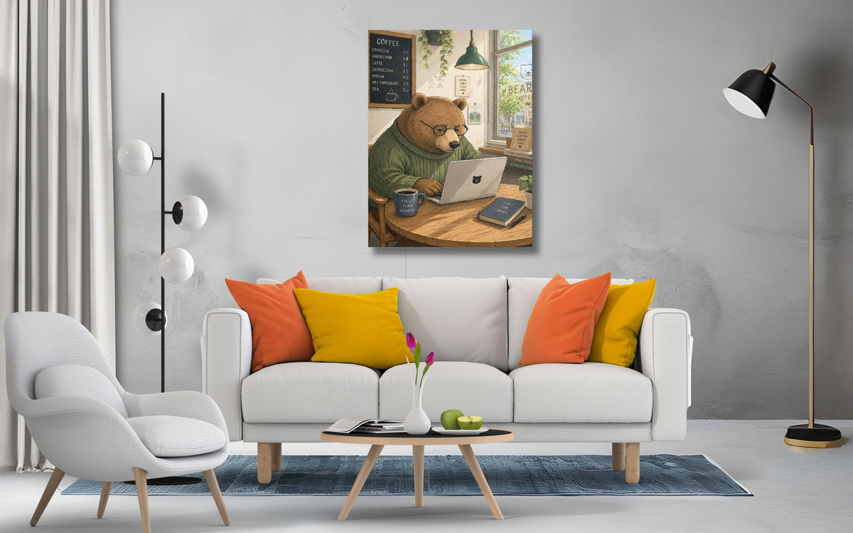 Bear Working on Laptop Canvas Art Print, Coffee Shop Scene Wall Decor