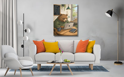 Bear Working on Laptop Canvas Art Print, Coffee Shop Scene Wall Decor