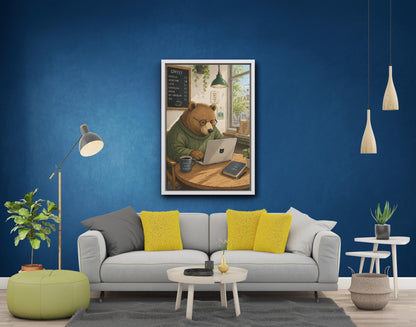 Bear Working on Laptop Canvas Art Print, Coffee Shop Scene Wall Decor