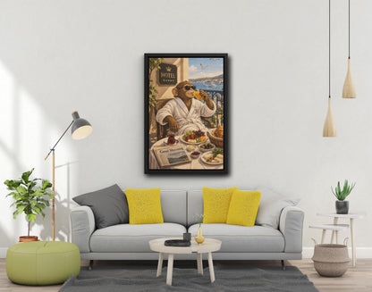 Monkeys Hotel Breakfast Canvas Print, Wall Art, Black White Frame