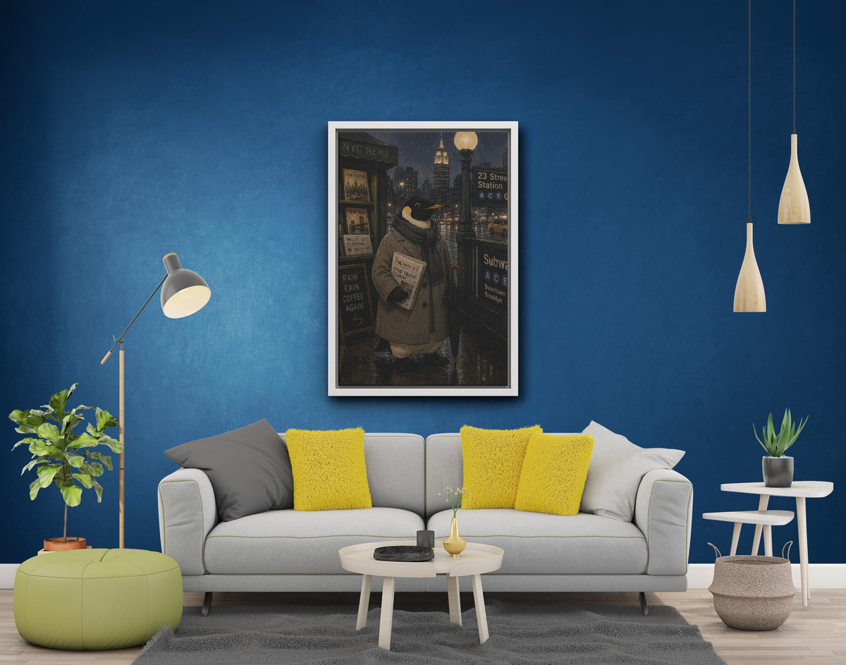 Penguin in the City, Wall Decor Canvas and Poster Black White Frame