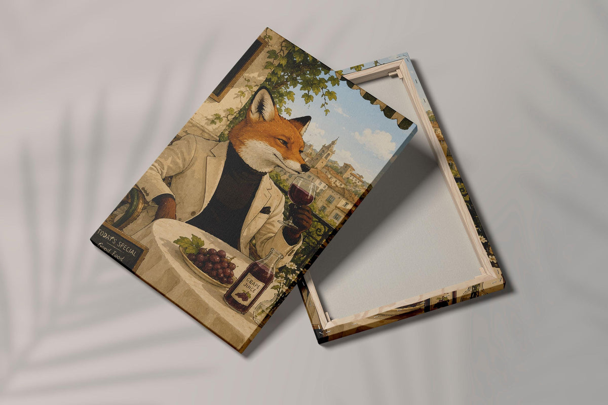 Fox Wine Tasting Canvas Print, Italian Village Scene, Wall Art Decor