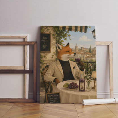 Fox Wine Tasting Canvas Print, Italian Village Scene, Wall Art Decor