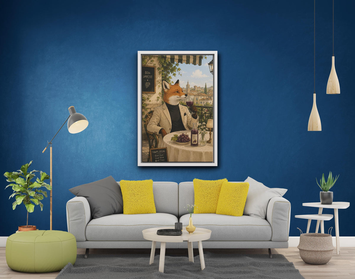 Fox Wine Tasting Canvas Print, Italian Village Scene, Wall Art Decor