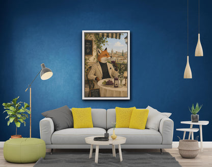 Fox Wine Tasting Canvas Print, Italian Village Scene, Wall Art Decor