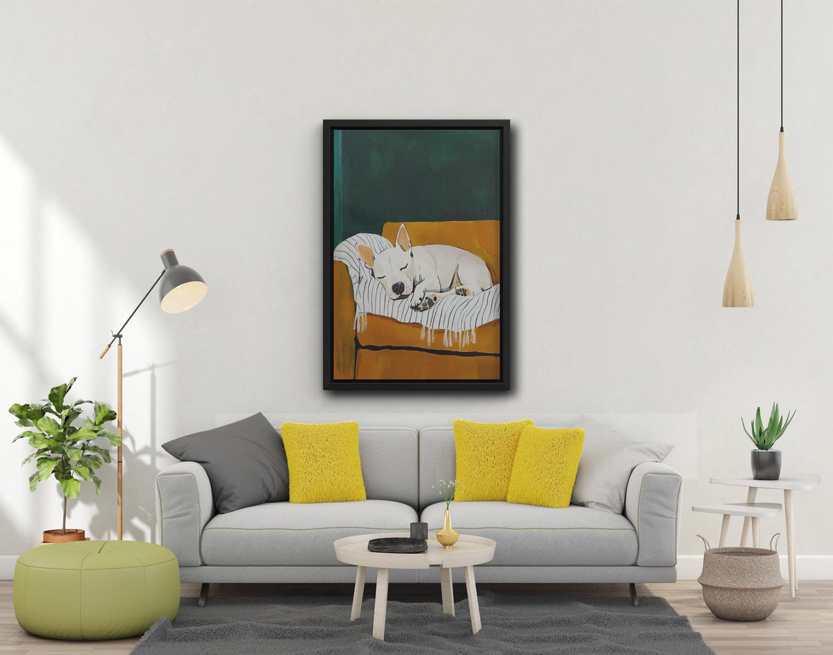 Koltukta Uyuyan Sevimli Köpek, Siyah Beyaz Çerçeveli Baskı, Ev Dekorasyonu Sanatı