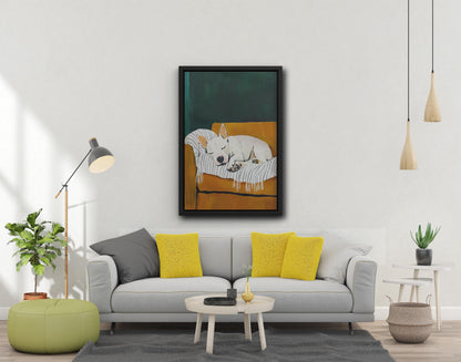 Koltukta Uyuyan Sevimli Köpek, Siyah Beyaz Çerçeveli Baskı, Ev Dekorasyonu Sanatı