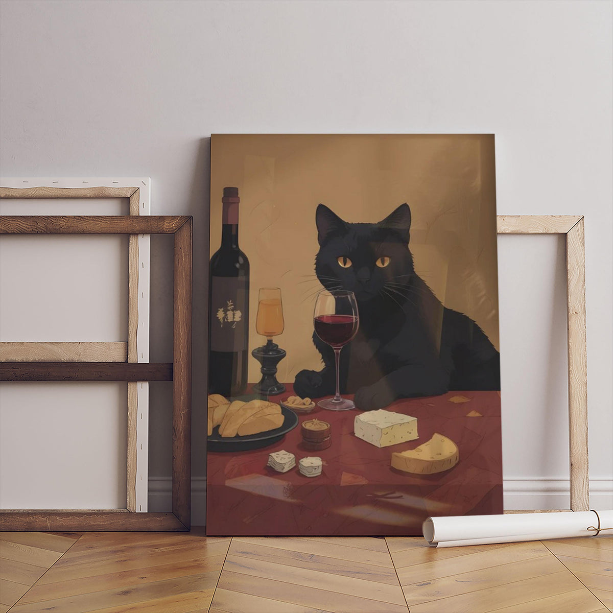 Minimalist Black Cat Wine Art Print, Modern Canvas Wall Decor