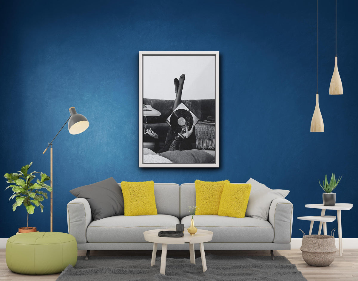 Smoky Vinyl Record Canvas Print, Black & White Art, Framed Poster