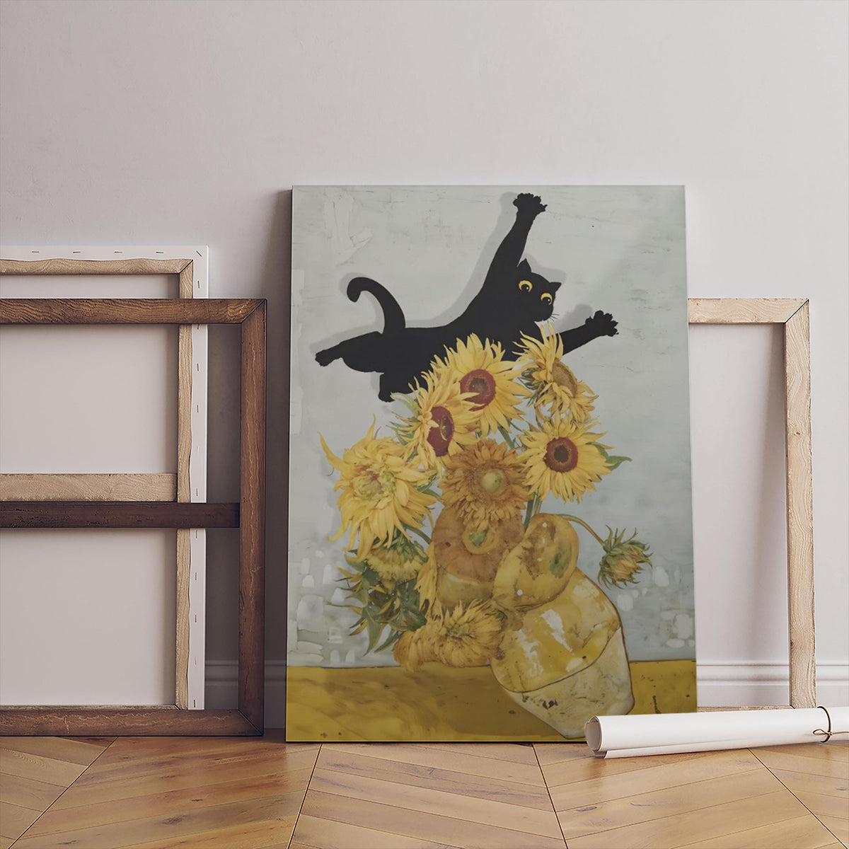 Van Gogh Cat Print Canvas, Sunflowers Wall Art, Black White Frame Home Decor