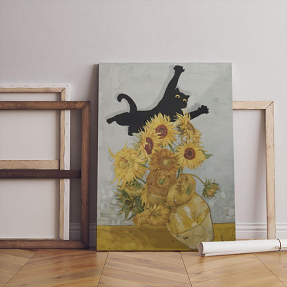 Van Gogh Cat Print Canvas, Sunflowers Wall Art, Black White Frame Home Decor