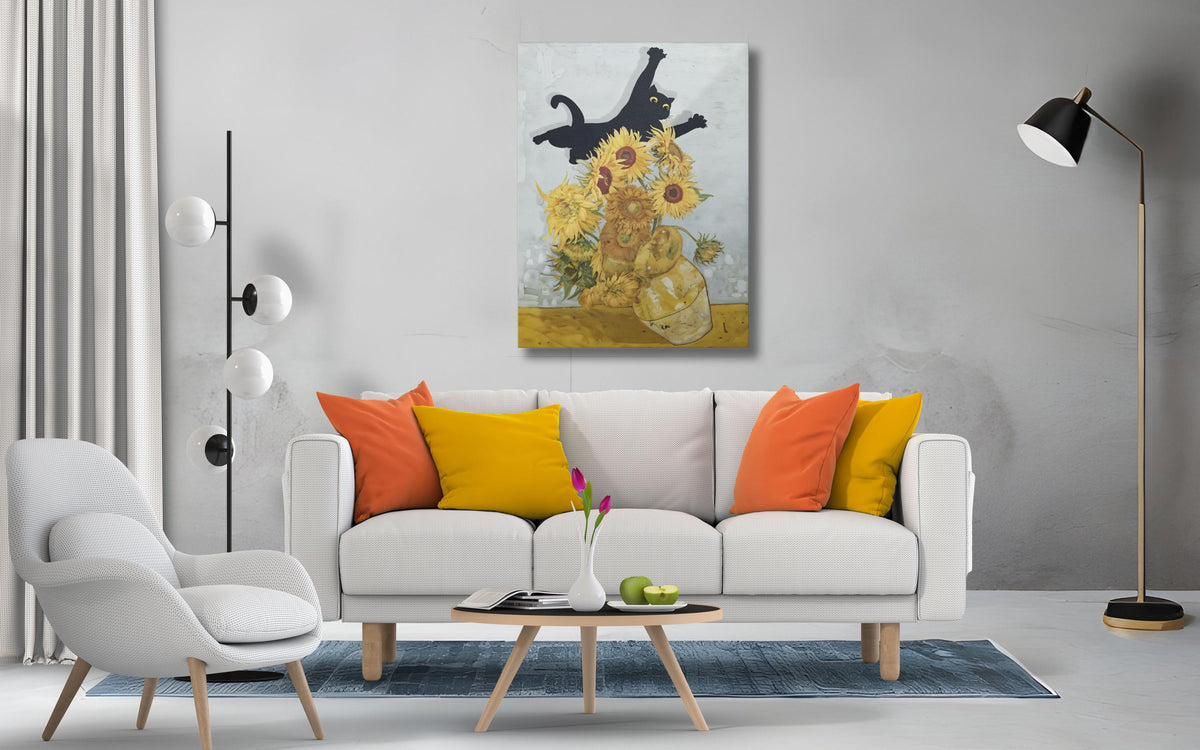 Van Gogh Cat Print Canvas, Sunflowers Wall Art, Black White Frame Home Decor