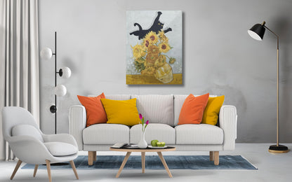 Van Gogh Cat Print Canvas, Sunflowers Wall Art, Black White Frame Home Decor