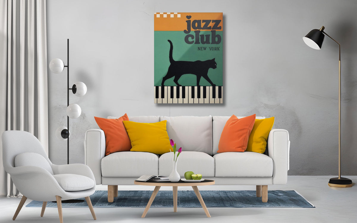 Jazz Club Cat Canvas Print, Black Cat Piano Keys Wall Art (New York)