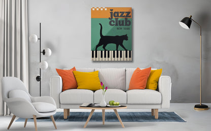 Jazz Club Cat Canvas Print, Black Cat Piano Keys Wall Art (New York)