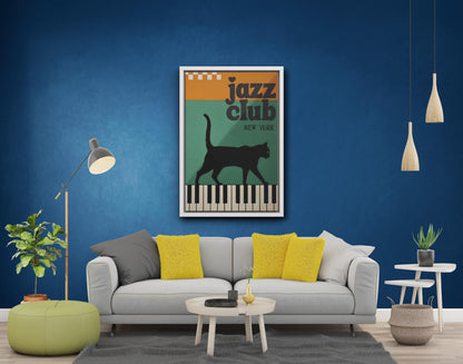 Jazz Club Cat Canvas Print, Black Cat Piano Keys Wall Art (New York)