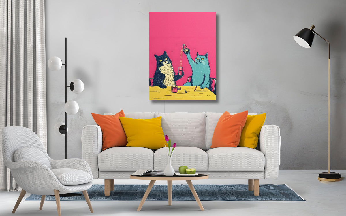 Funny Cat Drinking Poster, Black White Frame Wall Art (Canvas Print)