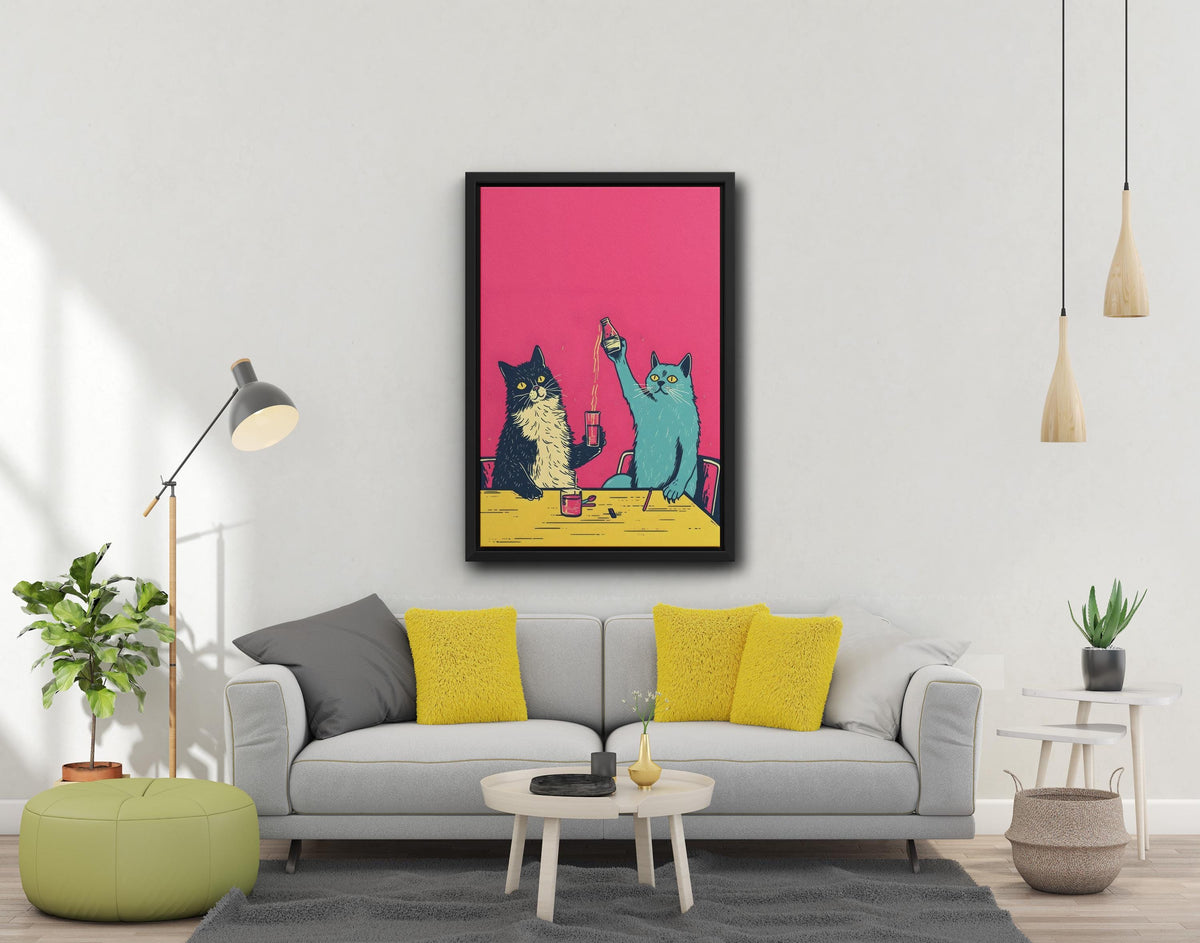 Funny Cat Drinking Poster, Black White Frame Wall Art (Canvas Print)