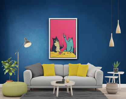 Funny Cat Drinking Poster, Black White Frame Wall Art (Canvas Print)
