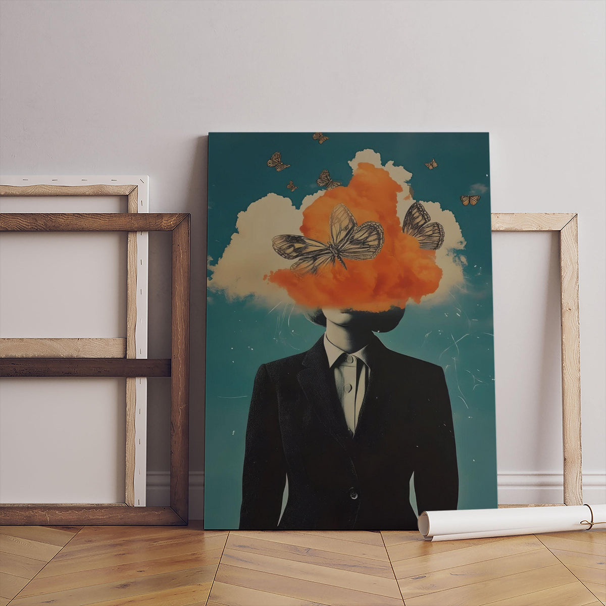 Woman With Butterflies Surrealist Canvas Print, Black White Wall Art Poster