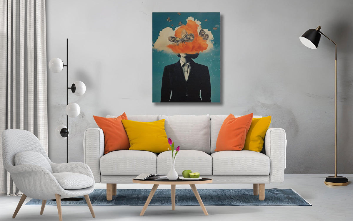 Woman With Butterflies Surrealist Canvas Print, Black White Wall Art Poster