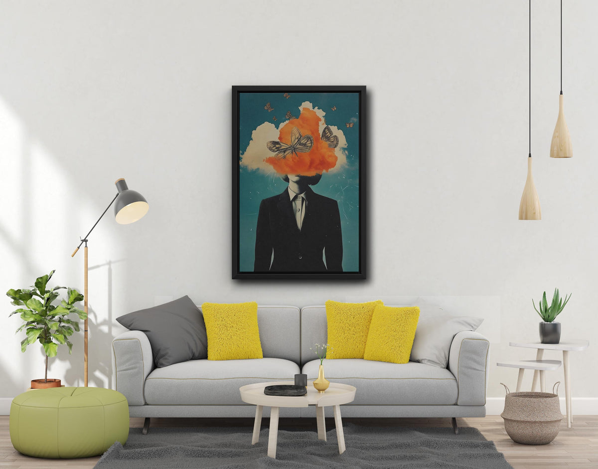 Woman With Butterflies Surrealist Canvas Print, Black White Wall Art Poster