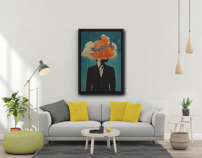 Woman With Butterflies Surrealist Canvas Print, Black White Wall Art Poster