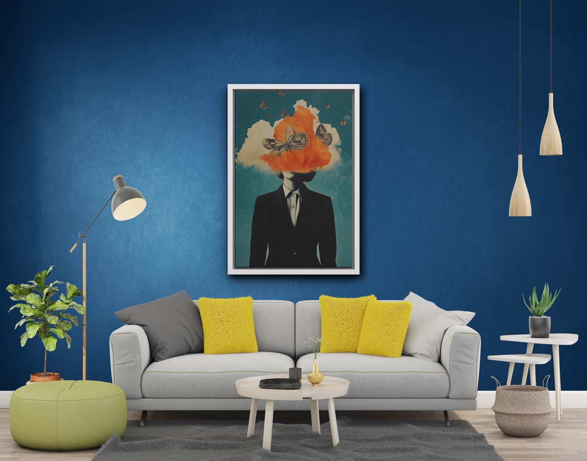 Woman With Butterflies Surrealist Canvas Print, Black White Wall Art Poster