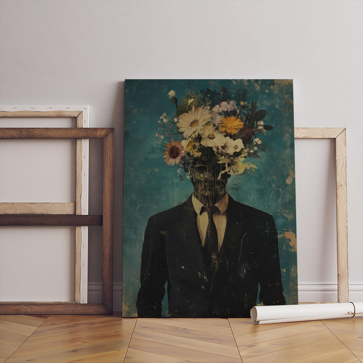 Man With Flowers On Head Canvas Print, Artistic Wall Decor (Black White Frame)