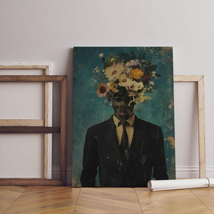 Man With Flowers On Head Canvas Print, Artistic Wall Decor (Black White Frame)