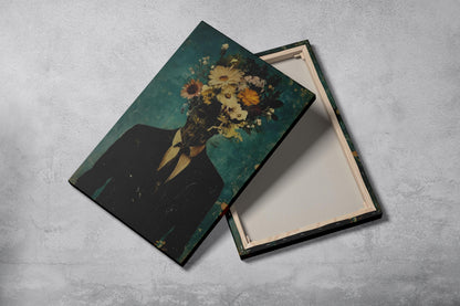 Man With Flowers On Head Canvas Print, Artistic Wall Decor (Black White Frame)