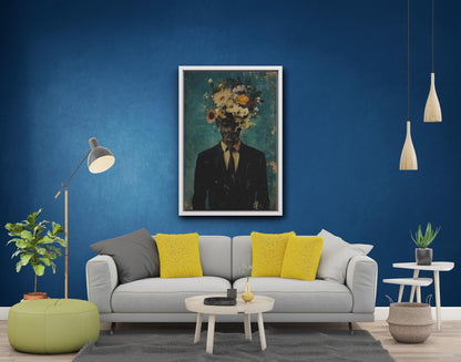 Man With Flowers On Head Canvas Print, Artistic Wall Decor (Black White Frame)