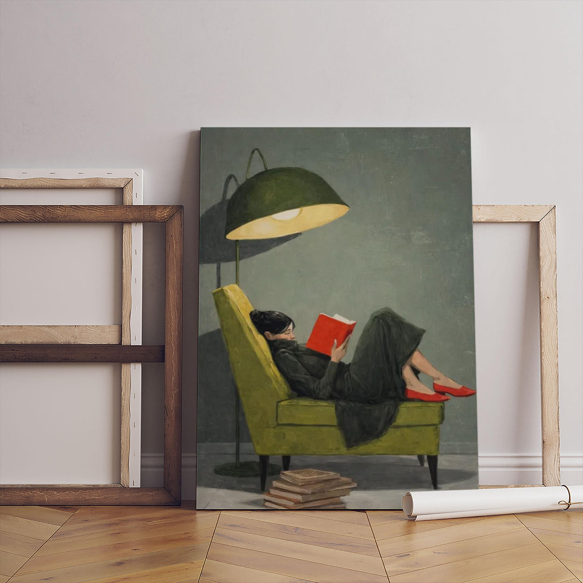 Woman Reading on Green Chair Canvas Art, Red Shoes, Book Lover Wall Decor