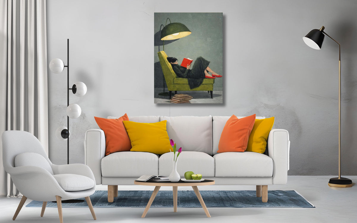 Woman Reading on Green Chair Canvas Art, Red Shoes, Book Lover Wall Decor