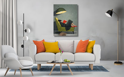Woman Reading on Green Chair Canvas Art, Red Shoes, Book Lover Wall Decor