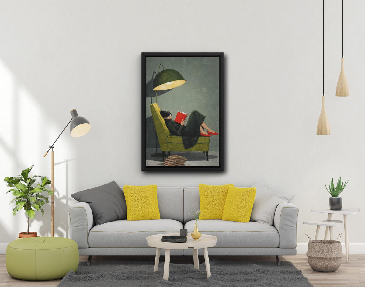 Woman Reading on Green Chair Canvas Art, Red Shoes, Book Lover Wall Decor