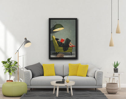 Woman Reading on Green Chair Canvas Art, Red Shoes, Book Lover Wall Decor