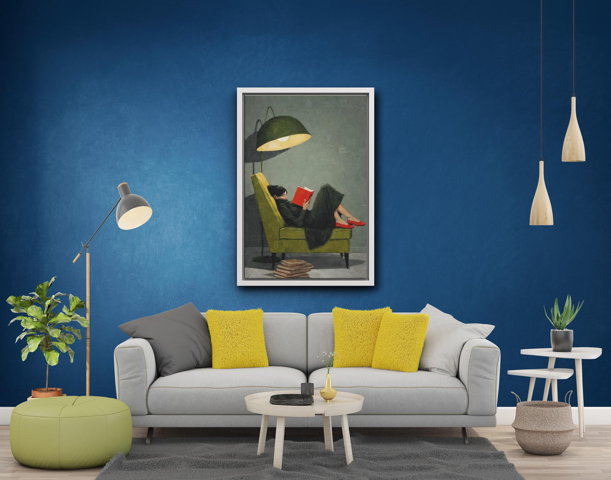 Woman Reading on Green Chair Canvas Art, Red Shoes, Book Lover Wall Decor