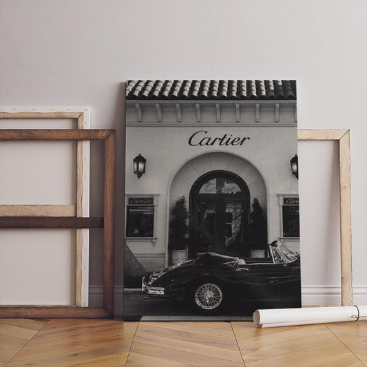 Classic Black Jaguar XK Roadster, British Design, Black White Frame (Canvas Print)