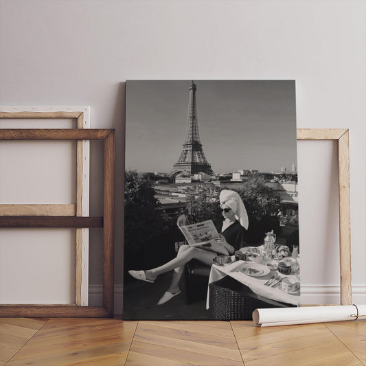 Paris Travel Poster – Chic Woman, Eiffel Tower, Black & White Art Print