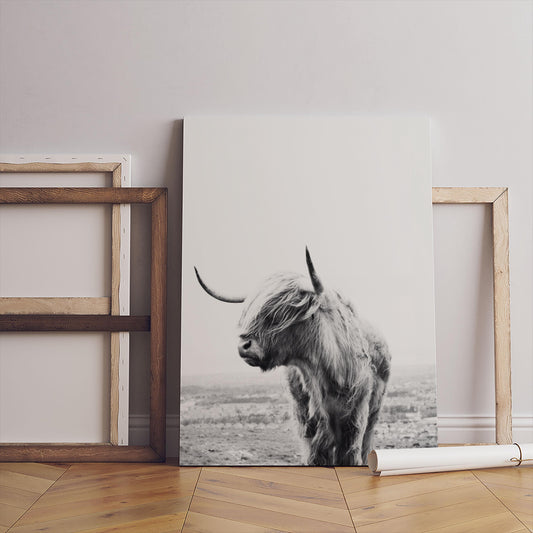 Highland Cow Black and White Print, Wall Art, Canvas Poster (Frame Included)