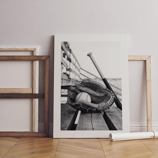 Black and White Baseball Poster | Glove, Bat, Stands Wall Art (Canvas Print)