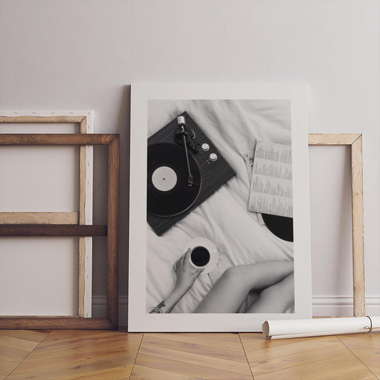 Vinyl Player Morning Print , Record Canvas Print, Black & White Art, Framed Poster